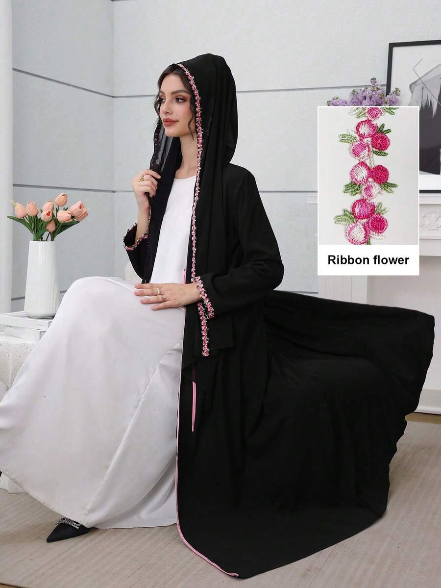 Al Najma Contrast Color Strap Woven Splice Headscarf & Abaya - Black - View 1