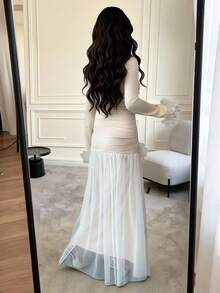 Rafferiza Vestido de seda de gasa de manga larga con cuello asimétrico y decoración de plumas, ajuste ceñido, adecuado para uso diario, bodas, galas, ir al trabajo, fiestas de graduación, vacaciones, citas, fiestas, Halloween, Navidad, Año Nuevo, Acción de Gracias - Albaricoque - Ver 2