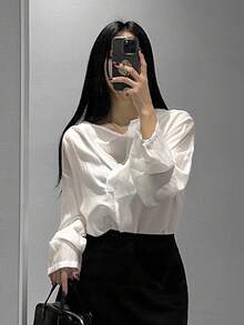 DAZY 女士优雅宽松垂褶领长袖雪纺衬衫，百搭 - 米色 - 查看 4