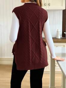 SHEIN 女士宽松高领侧开衩系带休闲孕妇毛衣背心，秋冬季 - 酒紅色 - 查看 2