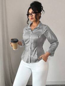 Elenzga 大码女式优雅腰部收紧长袖条纹衬衫，适合通勤 - 黑與白 - 查看 1