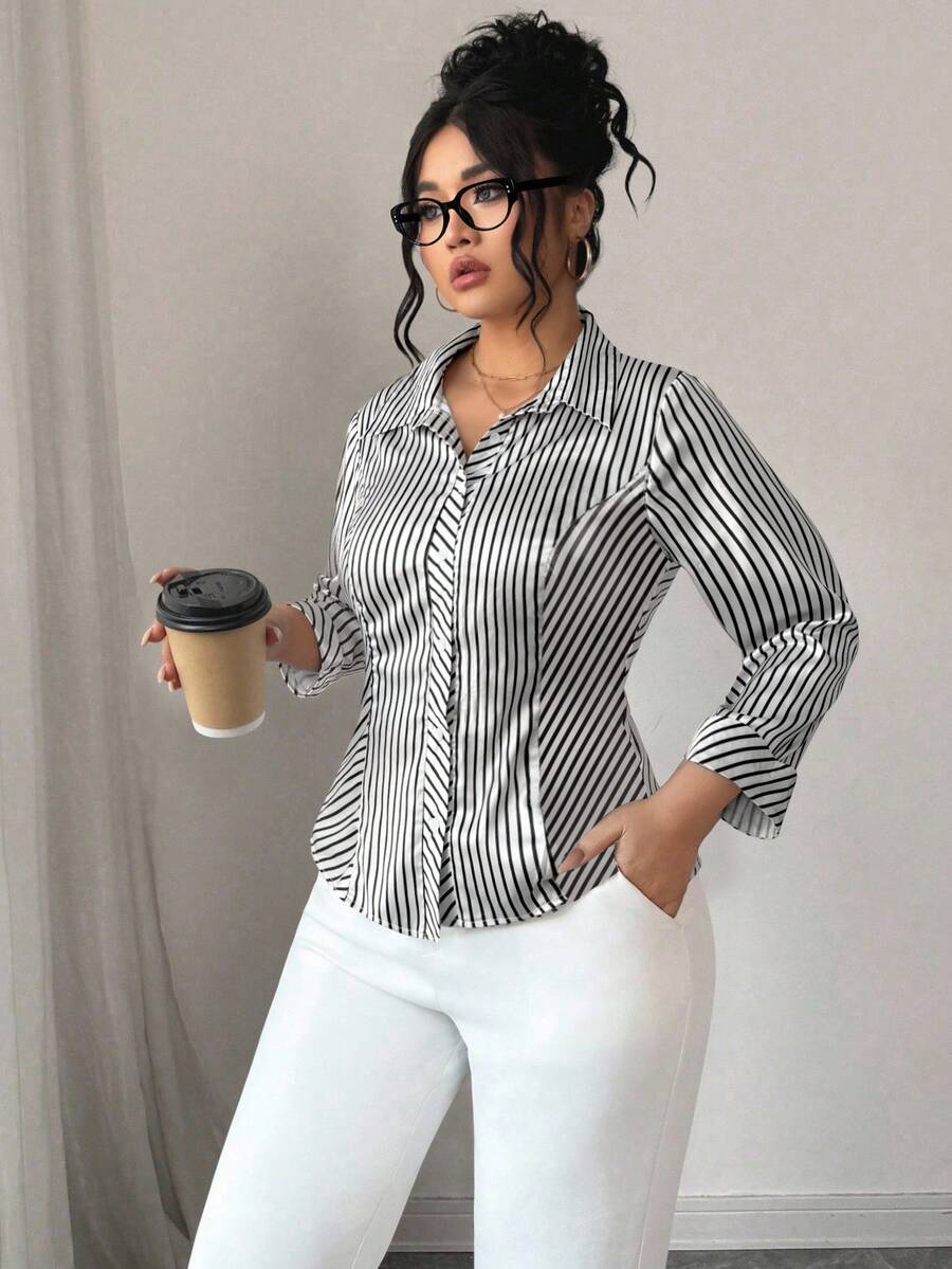 Elenzga 大码女式优雅腰部收紧长袖条纹衬衫，适合通勤 - 黑與白 - 查看 1