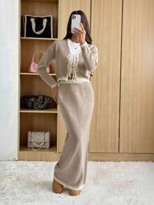 SHEIN Tall 2件套多色蝴蝶结休闲基本款针织套装，秋冬 - 卡其色 - 查看 10