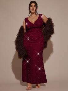 SHEIN BAE 大码女式深V领亮片连衣裙 - 紅色 - 查看 7