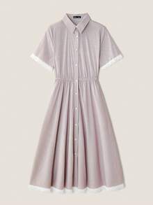 Muvela 女士中长款条纹蕾丝边短袖衬衫裙，休闲夏季连衣裙 - 粉色 - 查看 1