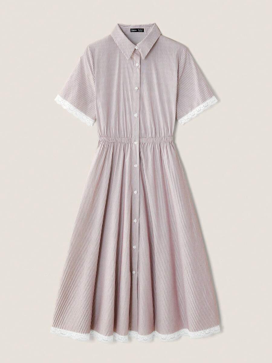 Muvela 女士中长款条纹蕾丝边短袖衬衫裙，休闲夏季连衣裙 - 粉色 - 查看 1