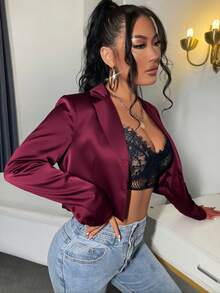 SHEIN SXY Áo khoác vest nữ cài nút đơn ve đỏ tía thu/đông, vest Giáng sinh cho nữ - Màu Đỏ Sâu - Xem 4
