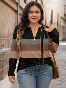 EMERY ROSE Plus Size Half Zip Round Neck Loose Long Sleeve T-Shirt - Multicolor - View 4
