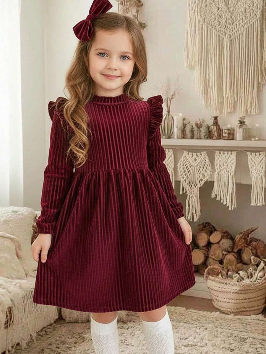 LMoss Kids LMoss 女童纯色荷叶边休闲针织连衣裙 儿童荷叶边连衣裙 女童秋季连衣裙 法式秋季连衣裙 儿童女童天鹅绒连衣裙，红色裙子，圣诞节，舒适秋冬款式，温暖秋冬风格，温暖秋冬款式，冬季服装 - 紅色 - 查看 1