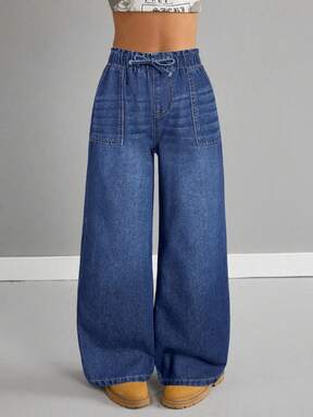 Tween Girls Fashion Casual Y2k Vintage Cool Street Returns To School College Simple And Comfortable Black Fungus Edge Lotus Leaf Edge Elastic Band Waist Drawstring Waistline Design Loose Jeans For Tween Girl Clothes Tween Girls Dailywear And Tween Girl Winter And Fall Rave Outfits Festival And Outfits Streetwear Clothes