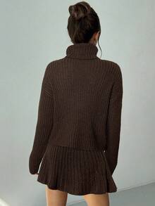 Aloruh 女士复古厚针织高领毛衣和迷你裙两件套，深灰色，适合秋冬季节穿着。