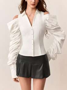 SHEIN Unity Blusa de manga larga elegante con cuello ajustado, diseño de parches de unicolor, mangas con volantes multicapa exageradas y hombros descubiertos de moda y versátil - Blanco - Ver 1