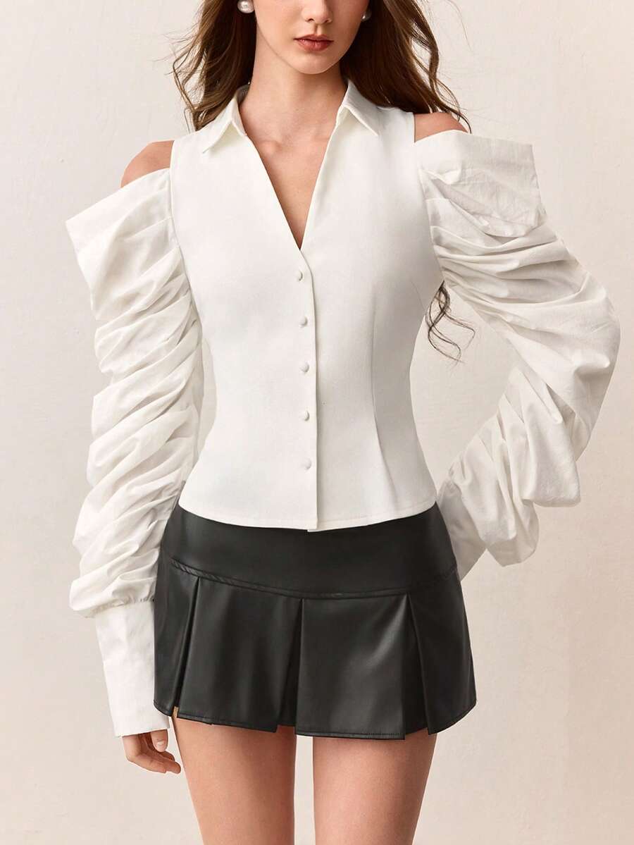 SHEIN Unity Blusa de manga larga elegante con cuello ajustado, diseño de parches de unicolor, mangas con volantes multicapa exageradas y hombros descubiertos de moda y versátil - Blanco - Ver 1