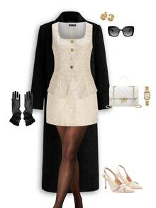 SHEIN Clasi Women's Tweed Metal Single-Breasted Vest And Bodycon Mini Skirt Elegant Set,Teacher Outfit Women - Apricot - View 15