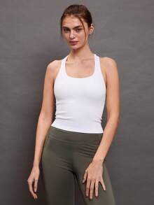 Activina Cut Out Racer Back Sports Tank Top Fitted Shirt - White - View 6