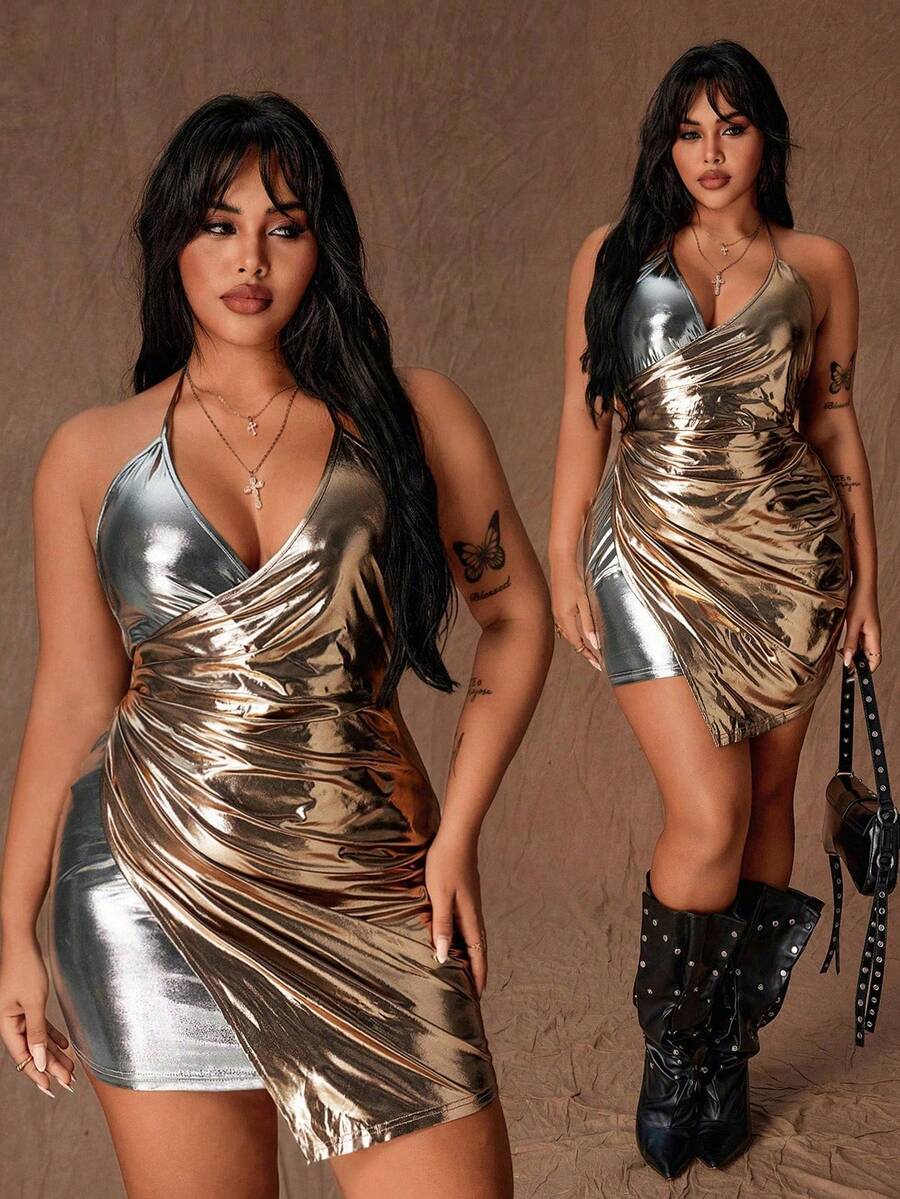 Rustia 大码女式V领撞色吊带连衣裙 - 金色 - 查看 1