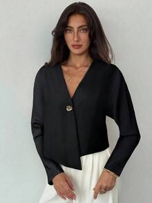 Aloruh 1 pezzo Maglietta donna oversize a maniche lunghe con orlo asimmetrico, tinta unita - nero - Visualizzare 3