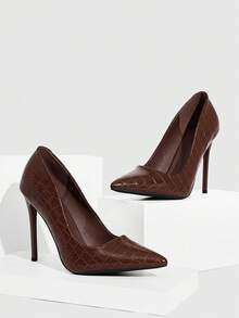 CUCCOO SZL 女士时尚棕色压纹尖头细高跟鞋，简约性感基本款，适合约会、派对、婚礼等场合。 - 棕色 - 查看 4