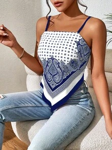 Vavine Áo thun họa tiết Paisley Bandana Hem Cami Áo thun họa tiết cho nữ - Màu xanh lam - Xem 4