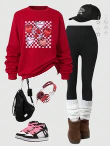 Sparklyn Bộ áo nỉ cổ tròn in hình trái tim ca rô và quần legging cho bé gái tuổi teen, phù hợp với phong cách đường phố - Nhiều màu - Xem 1