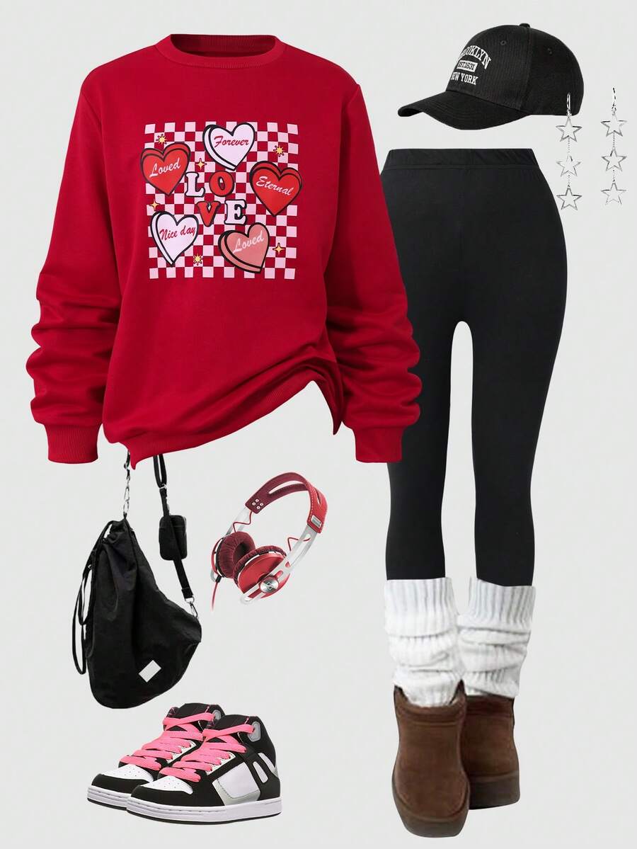 Sparklyn Bộ áo nỉ cổ tròn in hình trái tim ca rô và quần legging cho bé gái tuổi teen, phù hợp với phong cách đường phố - Nhiều màu - Xem 1