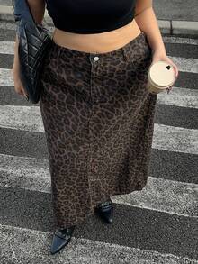 Dazy Plus 大码豹纹牛仔直筒长裙，街头风，春秋季 - 卡其色 - 查看 7