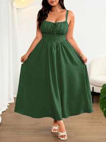 Flirla Váy đi biển dài chấm đất màu trơn thắt nơ phía trước cỡ lớn dành cho nữ, thích hợp đi biển, nghỉ dưỡng, tiệc tùng, hẹn hò, lễ hội âm nhạc, xuân/hè, thiết kế đa năng - Màu xanh lá cây đậm - Xem 7