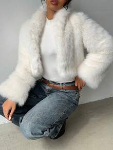 Flirla 1件女士奢华优雅仿毛皮内衬外套，酒红色 - 白色 - 查看 5