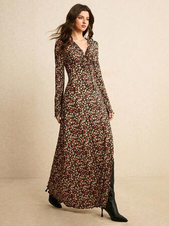 Poéselle Women's Autumn Fashion Ditsy Floral High Slit Dress Spring&Summer Outfit Women Boho Floral Dress Long Boho Dress Maxi Floral Dress Long Sleeve Maxi Dress Women