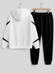 Manfinity Homme Conjunto de sudadera con capucha de bloques de color y parches de moda para hombre, ropa deportiva adecuada para otoño/invierno