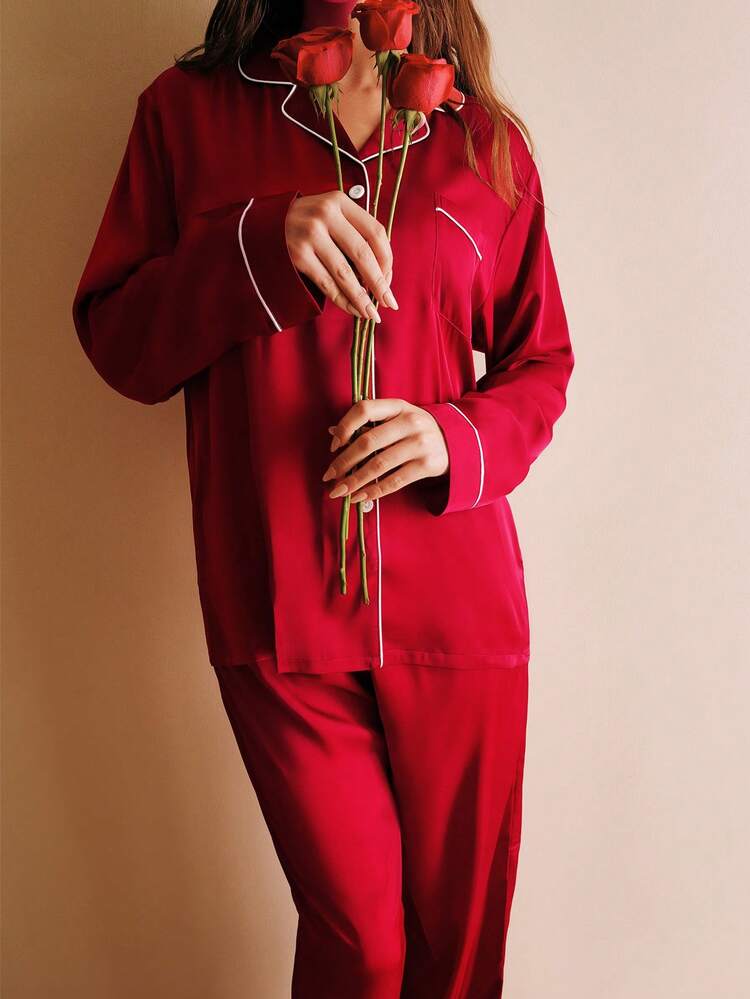Christmas & New Years Pajamas Red & Burgundy Basic Satin Button Up Long Women Bridesmaid Pajama Set Lounge Sets For Women Clothes For Women Lingerie,Spring And Summer Wedding Items