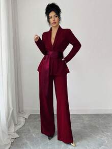 SHEIN Elenzya 女士优雅浪漫西装外套，腰部收紧，直筒裤，长袖，面料拼接 - 酒紅色 - 查看 3