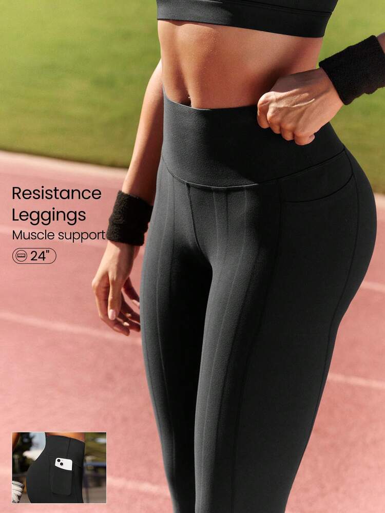 Mallas de 24" con control de abdomen FeatherFit™, protección de rodillas, bolsillos laterales, de impacto medio para entrenamiento, trotar, gimnasio