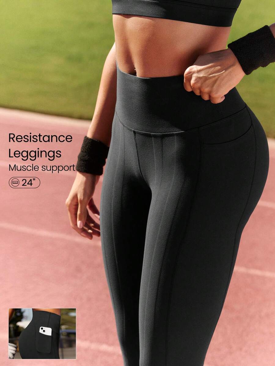 GLOWMODE Mallas de 24" con control de abdomen FeatherFit™, protección de rodillas, bolsillos laterales, de impacto medio para entrenamiento, trotar, gimnasio - Negro - Ver 1