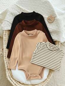 SHEIN 4 buc/set nou-născut bebeluș băiat/fată casual drăguț tricotat cu dungi și culoare solidă, body cu mânecă lungă, ținută de bază din 4 piese, haine unisex pentru bebeluși, haine de iarnă pentru bebeluși la modă