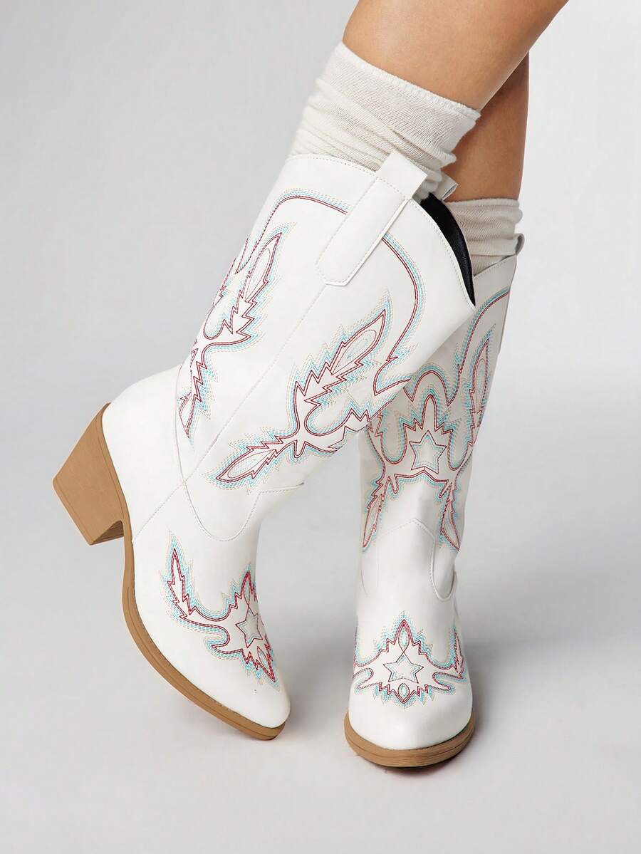 ROMWE Fairycore 1 Pair Women's Embroidered Chunky Heel Western Boots, Fashion Versatile Pointed Toe Mid-Calf Boots, All Season - White - View 1