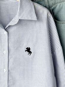 休闲宽松长袖少女衬衫 - 藍色 - 查看 5