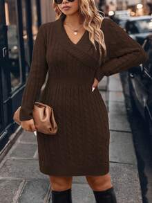 EMERY ROSE Plus Size Women Solid Color Knitted V-Neck Button Fitted Bodycon Commuter Elegant Formal Pullover Sweater Dress, Autumn/Winter - Coffee Brown - View 3