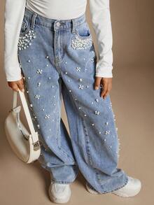 Radiana Tween Girls Tween Girls' Elegant Light Washed Front Button Pocket Faux Pearl Decor Simple Casual Denim Straight Leg Jeans,Faux Pearl,And Frayed Hem,For Spring And Summer Vacation Festival Outfits,4th Of July Clothes,Graduation Party Jeans Pants Fall Winter - Light Wash - View 5