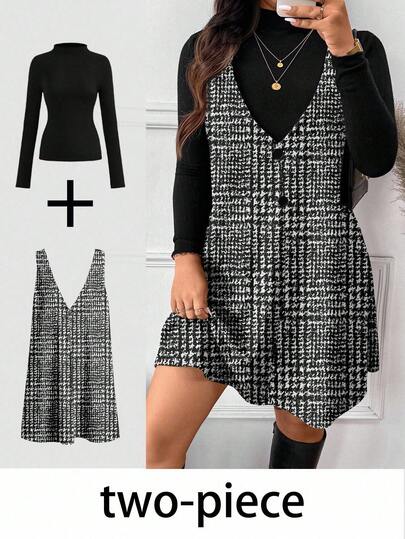 SHEIN Frenchy Elegant Plaid Print Plus Size Women 2 Pieces Set, Suitable For, New Year, Music Party, Black Spring