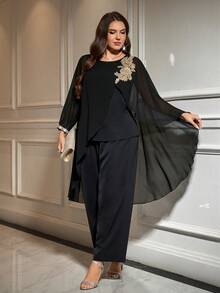 Reflora Áo choàng cổ tròn màu trơn cỡ lớn, phong cách cổ điển thanh lịch, rộng rãi 2 món - màu đen - Xem 6