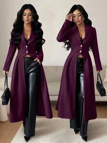 Rafferiza 女士优雅复古收腰前开衩A字长款大衣，秋冬女士长款外套，长袖外套，女士优雅穿搭，女士时尚长款外套 - 中紫紅色 - 查看 1