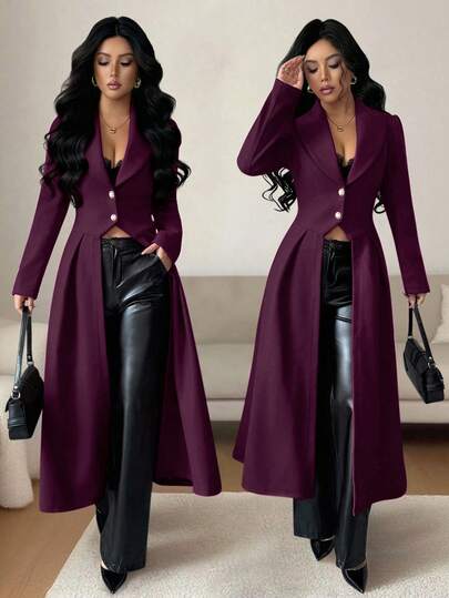 Rafferiza 女士优雅复古收腰前开衩A字长款大衣，秋冬女士长款外套，长袖外套，女士优雅穿搭，女士时尚长款外套