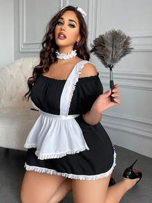 大码女士性感女仆装套装 - 包括连衣裙、围裙、颈链、头饰（4件套）