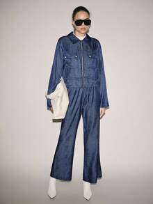 Lumivelle Women's Spring/Autumn Denim Effect American Cargo Style Style Pocket Jacket & High Waist Straight Leg Pants 2-Piece Set - Navy Blue - View 7