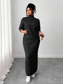 Elenzga 大码毛衣和紧身裙两件套，休闲宽松圆领套头衫 - 黑色 - 查看 7