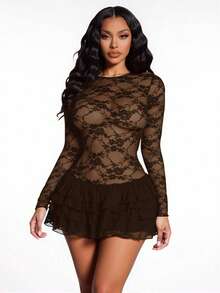 SHEIN SXY 女士性感优雅黑色蕾丝层叠荷叶边连体蛋糕裙 - 棕色 - 查看 9