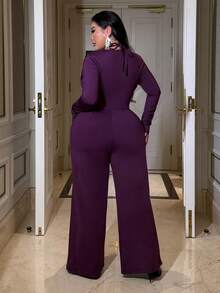 NU&NOW Plus Size Solid Color Minimalist Long Sleeve Jumpsuit, Everyday Wear - Purple - View 6