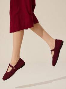 Ressula Women's Casual Versatile Commute Simple Buckle Flats Valentine's Day - Burgundy - View 8