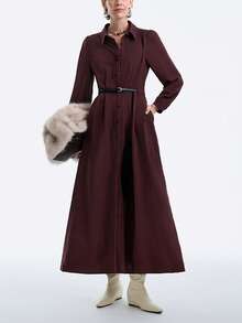 Aalyst Đầm Maxi dài tay dáng chữ A, cổ áo sơ mi trơn màu cho nữ, cài nút phía trước, eo xếp ly, eo có thể điều chỉnh, thanh lịch và đa năng khi đi làm, phong cách đường phố Pháp cổ điển, đơn giản và cổ điển, phù hợp với trang phục thường ngày, trang trọng, công sở, Trung Đông, tiệc mùa đông, lễ tạ ơn, giáng sinh, trà chiều, họp mặt gia đình, thu đông - Màu Tím - Xem 3